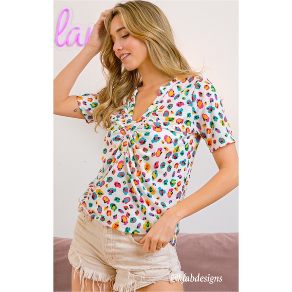 LAST! V Neck Shirred Front Multi Color Leopard Print Top! - Picture 3 of 14